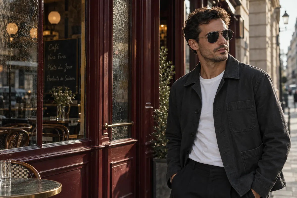DrivTown sunglasses worn outside a café